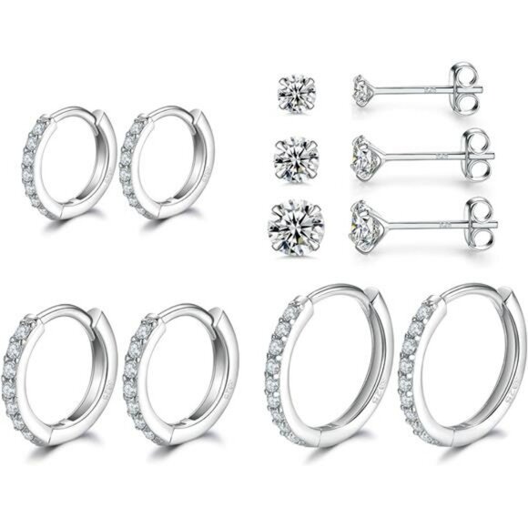 Sterling Silver Hoop Stud Earrings Set 6 Pairs CZ Hypoallergenic Cartilage - Picture 1 of 7